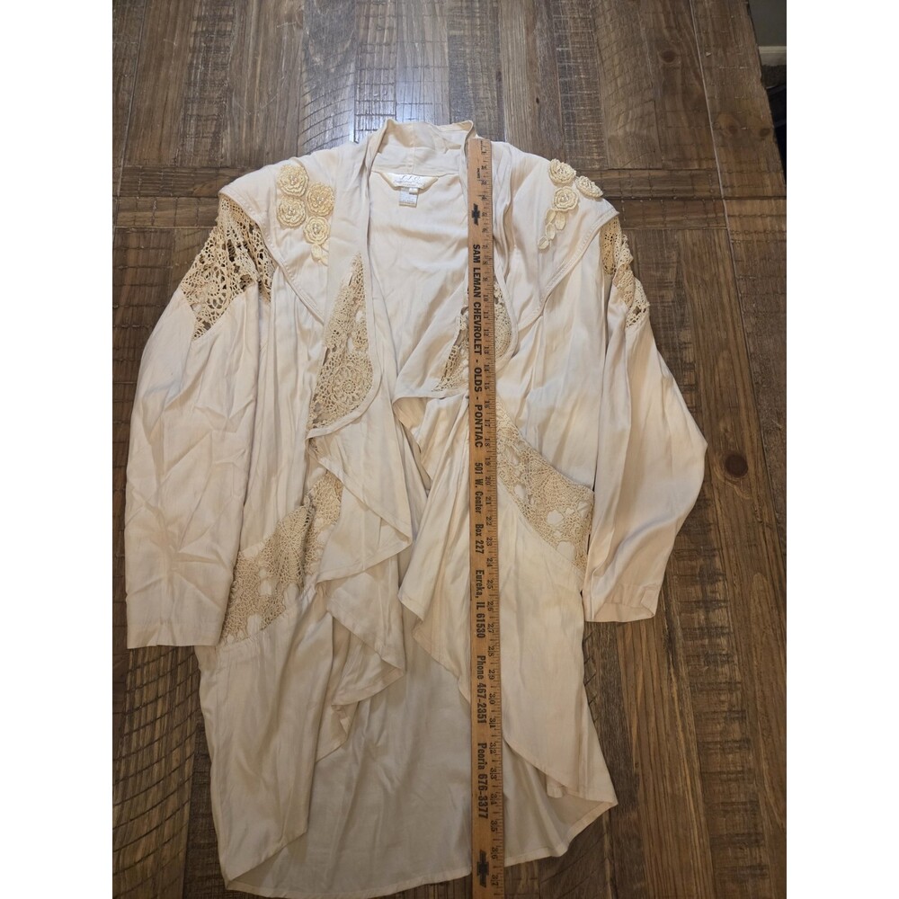 VTG FFC Jacket Boho Size L Beige LINEN OVERSIZED Embroidered Crochet Batwing - Picture 5 of 12
